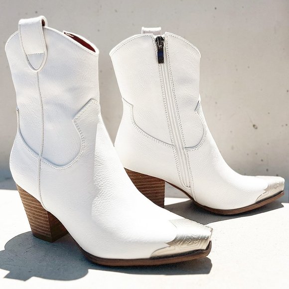 NEW White PU Leather Metal Cap Toe Block Heel Cowgirl Cowboy Western Ankle Boots - Picture 6 of 16
